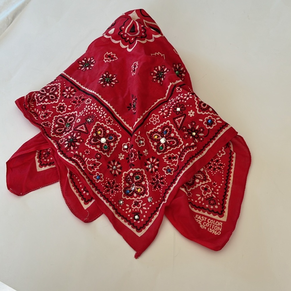 Vintage Fast Color 100% cotton red bandanna with jewel type embellishments 20x21
